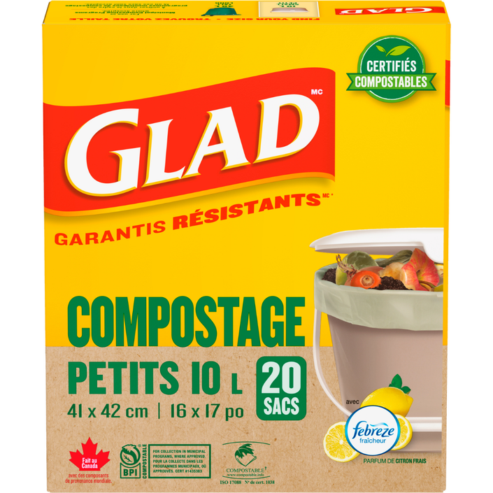 Petits sacs certifiés compostables au parfum de citron frais de Glad®, boîte de 20 petits sacs de 10 L