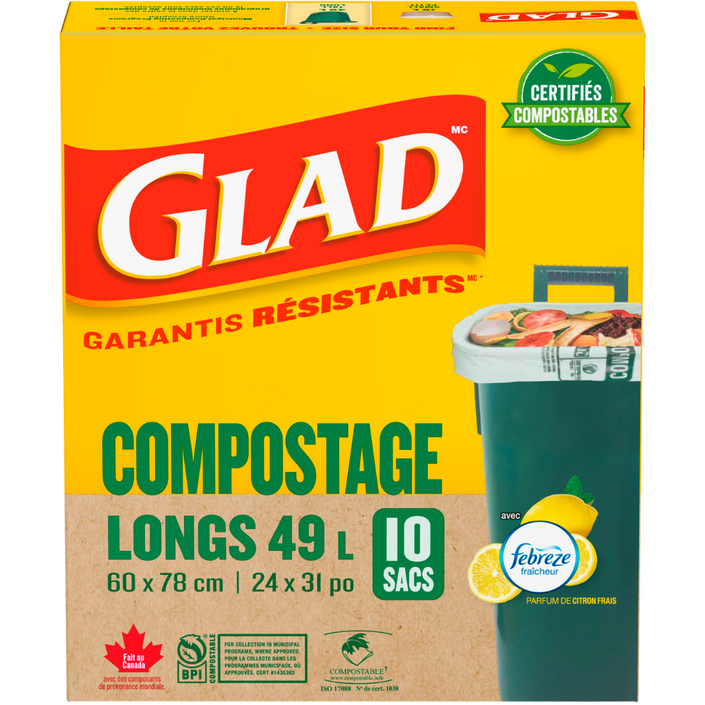 Longs sacs certifiés compostables au parfum de citron frais de Glad®, boîte de 10 longs sacs de 49 L