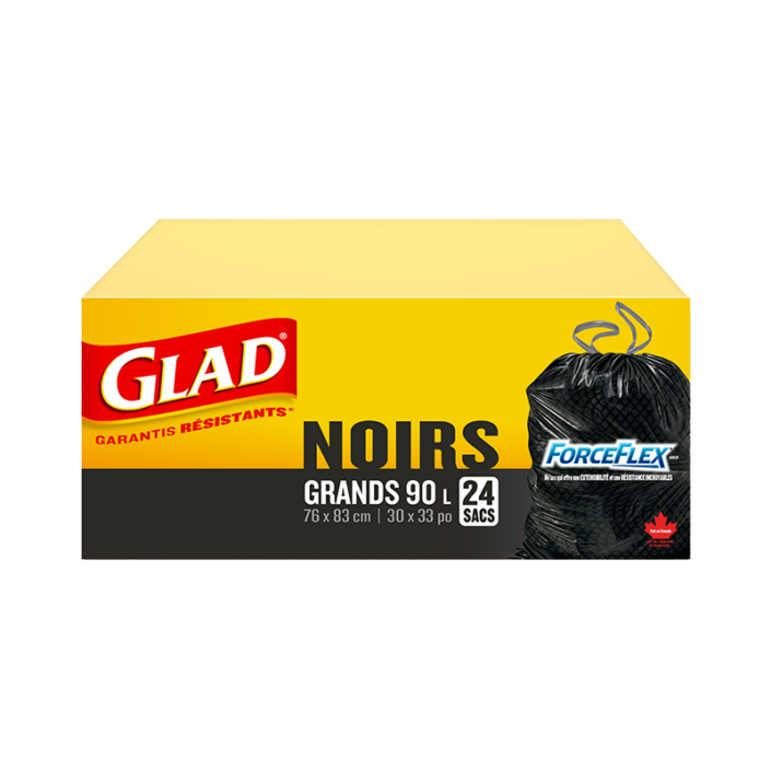 Grands sacs à ordures noirs ForceFlex de Glad à cordon coulissant, boîte de 24 sacs à ordures de 90 L