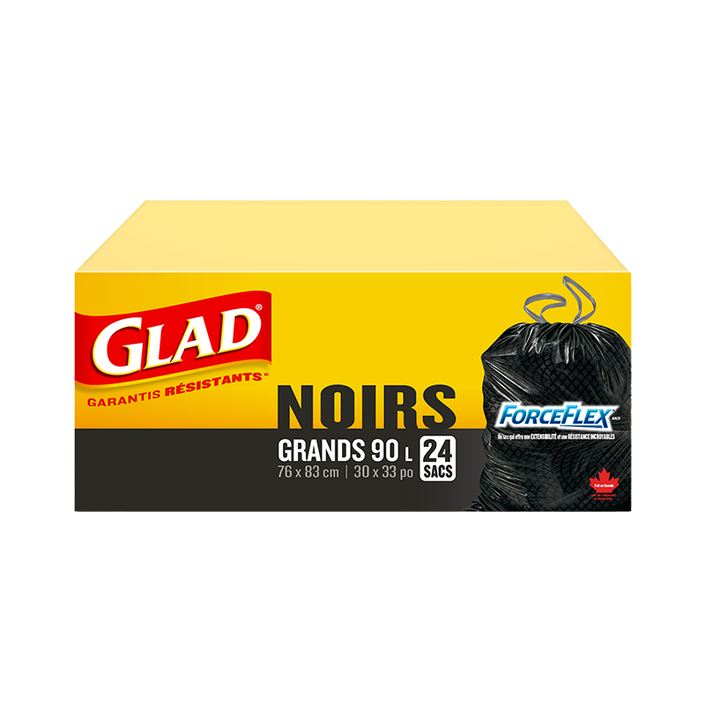 Grands sacs à ordures noirs ForceFlex de Glad à cordon coulissant, boîte de 24 sacs à ordures de 90 L