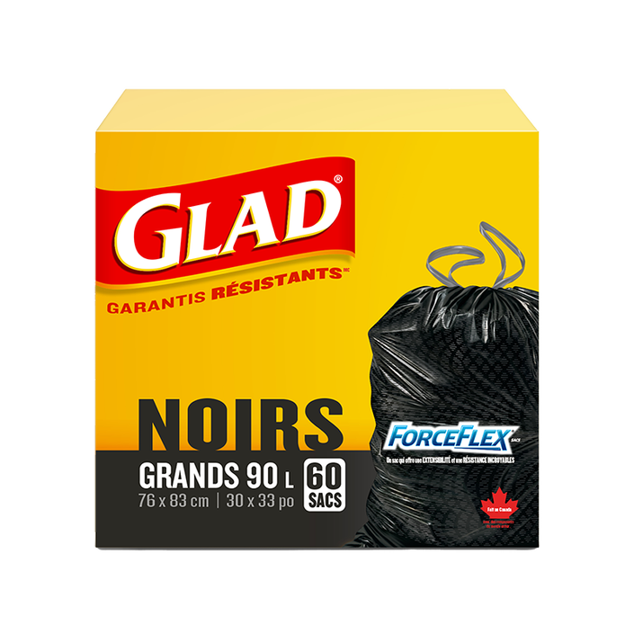 Grands sacs à ordures noirs ForceFlex de Glad à cordon coulissant, boîte de 60 sacs à ordures de 90 L