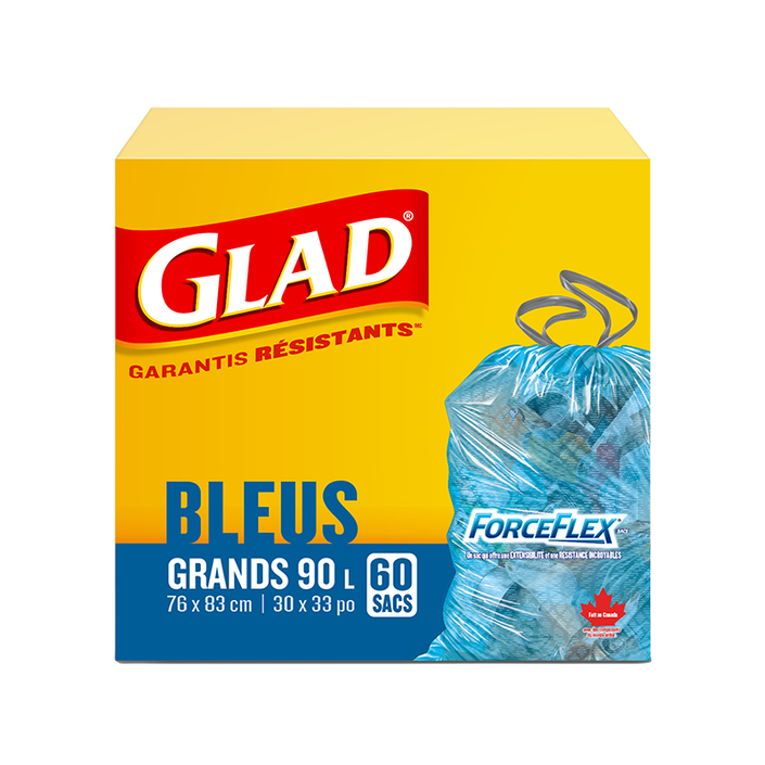 Grands sacs bleus ForceFlex de Glad à cordon coulissant pour la récupération, boîte de 60 sacs à ordures de 90 L