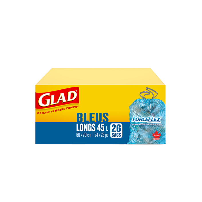 Sacs bleus longs ForceFlex de Glad à cordon coulissant pour la récupération, boîte de 26 sacs à ordures de 45 L