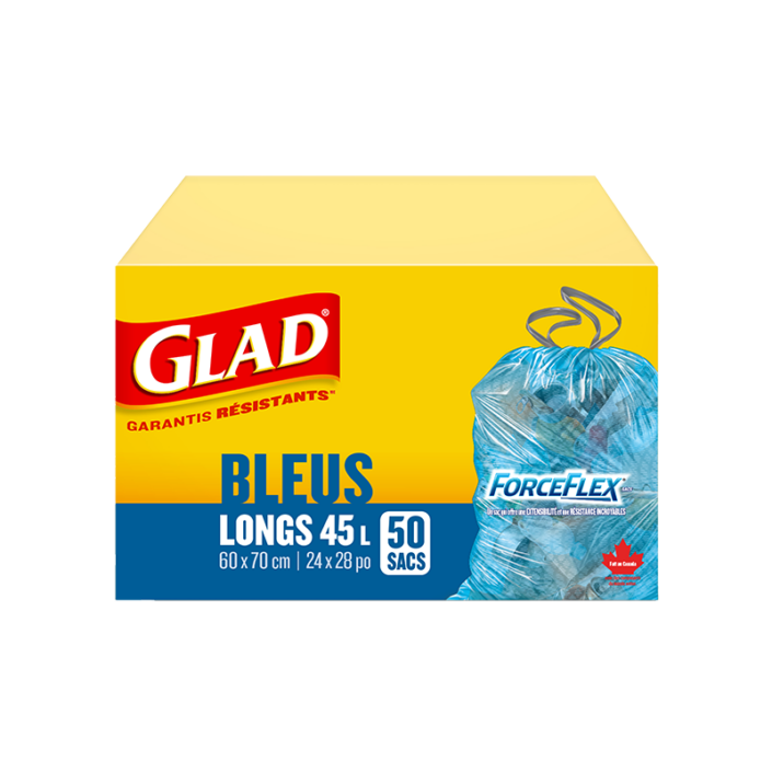Sacs bleus longs ForceFlex de Glad à cordon coulissant pour la récupération, boîte de 50 sacs à ordures de 45 L