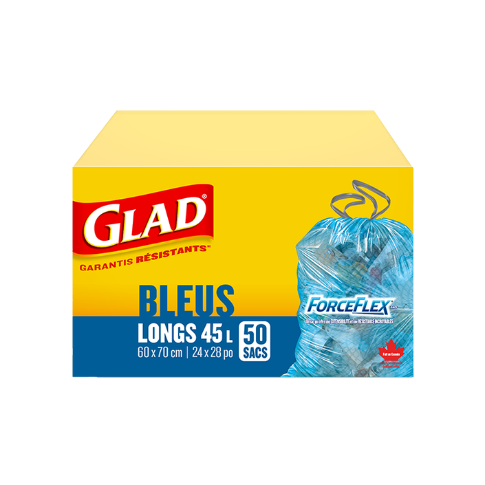 Sacs bleus longs ForceFlex® à cordon coulissant pour la récupération de Glad®, boîte de 50 sacs à ordures de 45 L