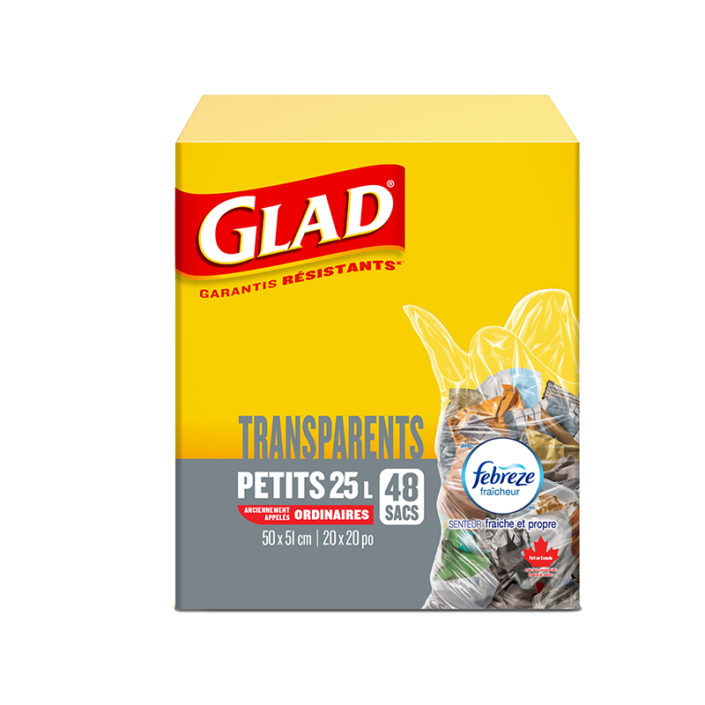 Petits sacs à ordures transparents de Glad avec senteur fraîche et propre de Febreze fraîcheur, boîte de 48 sacs à ordures de 25 L