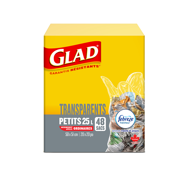 Petits sacs à ordures transparents de Glad avec senteur fraîche et propre de Febreze fraîcheur, boîte de 48 sacs à ordures de 25 L