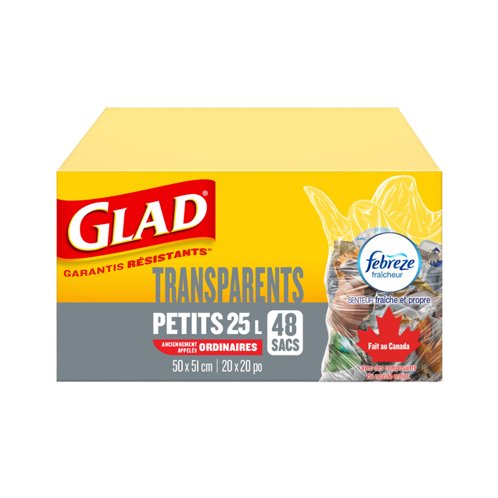 Petits sacs à ordures transparents de Glad® avec senteur fraîche et propre de Febreze fraîcheur, boîte de 48 sacs à ordures de 25 L