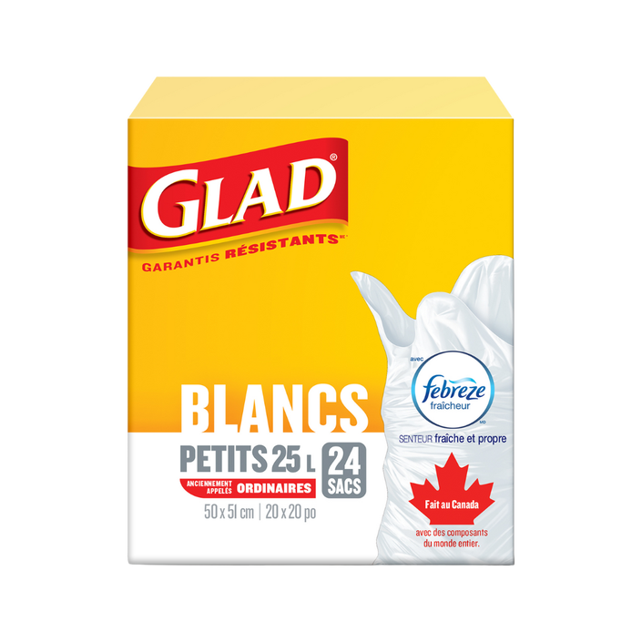 Petits sacs à ordures blancs de Glad® avec senteur fraîche et propre de Febreze fraîcheur, boîte de 24 sacs à ordures de 25 L