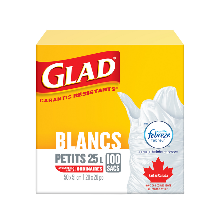 Petits sacs à ordures blancs de Glad® avec senteur fraîche et propre de Febreze fraîcheur, boîte de 100 sacs à ordures de 25 L