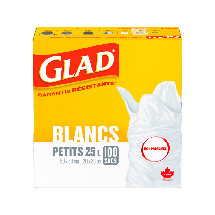 Petits sacs à ordures blancs non parfumés de Glad®, boîte de 100 sacs à ordures de 25 L