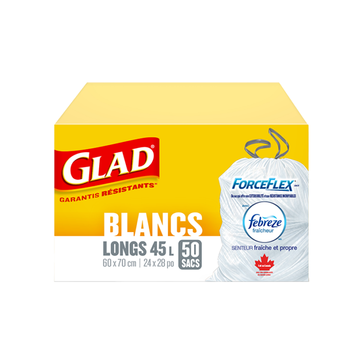Sacs à ordures blancs longs ForceFlex de Glad à cordon coulissant avec senteur fraîche et propre de Febreze fraîcheur, boîte de 50 sacs à ordures de 45 L