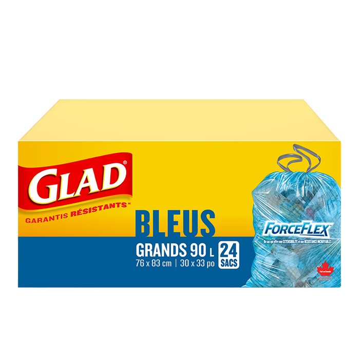 Grands sacs bleus ForceFlex de Glad à cordon coulissant pour la récupération, boîte de 24 sacs à ordures de 90 L