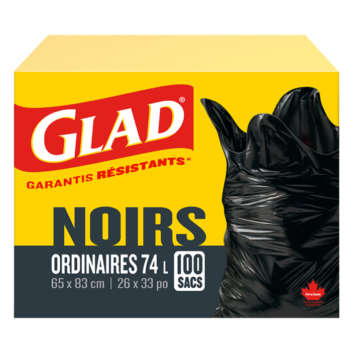 Sacs à ordures noirs ordinaires de Glad, boîte de 100 sacs à ordures de 74 L