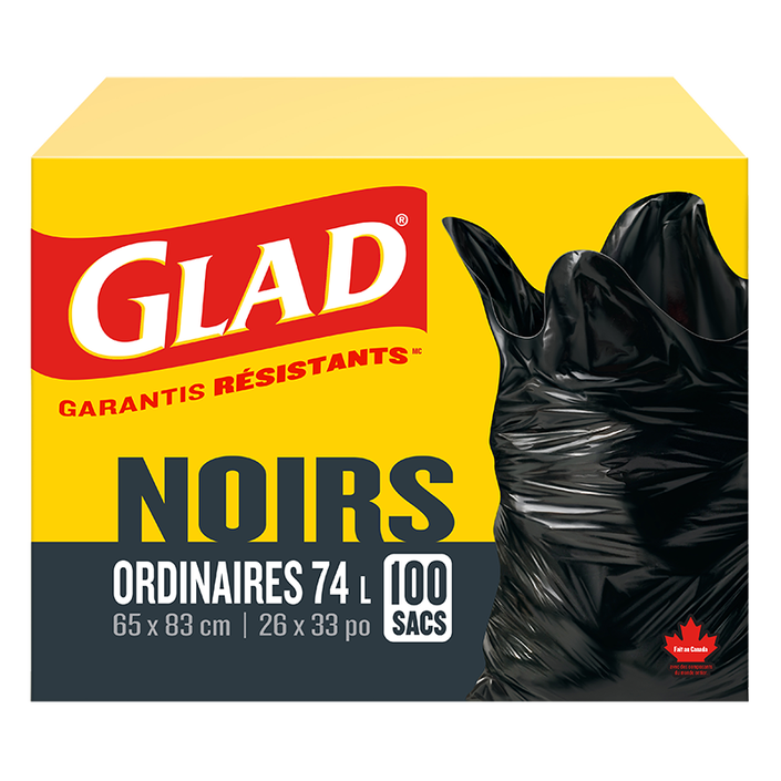 Sacs à ordures noirs ordinaires de Glad, boîte de 100 sacs à ordures de 74 L