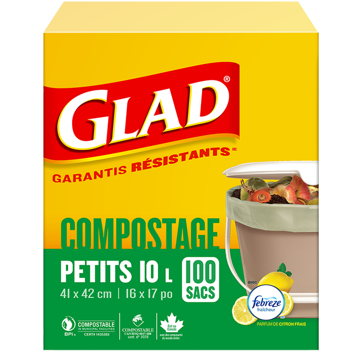 Petits sacs 100 % compostables de Glad au parfum de citron frais, boîte de 100 petits sacs de 10 L