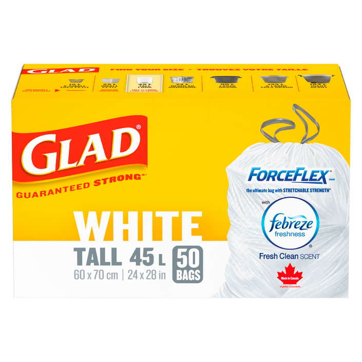 Glad® White Garbage Bags, Tall, 45 Litres, ForceFlex®, Drawstring with Febreze Fresh Clean Scent, 50 trash bags
