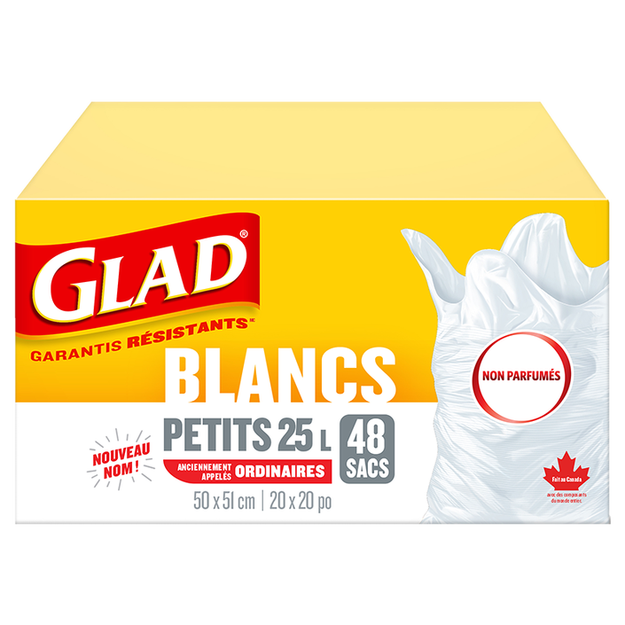 Petits sacs à ordures blancs non parfumés de Glad, boîte de 48 sacs à ordures de 25 L