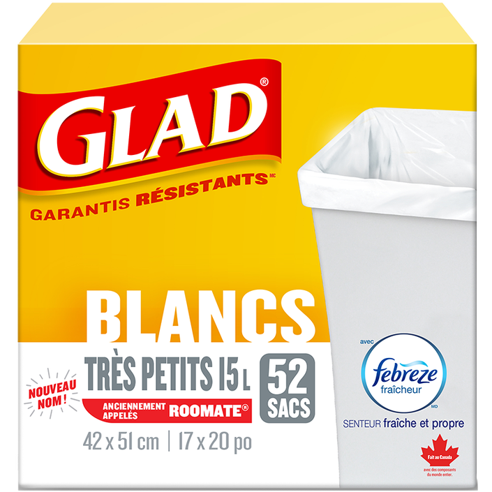 Très petits sacs à ordures blancs de Glad avec senteur fraîche et propre de Febreze fraîcheur, boîte de 52 sacs à ordures de 15 L