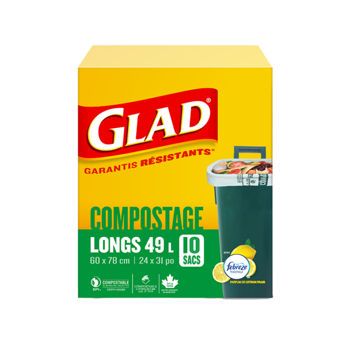 Longs sacs 100 % compostables de Glad au parfum de citron frais, boîte de 10 longs sacs de 49 L