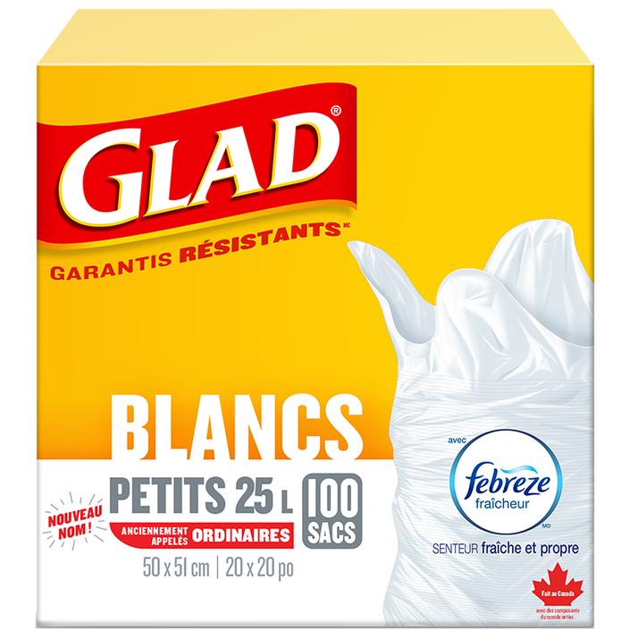 Petits sacs à ordures blancs de Glad avec senteur fraîche et propre de Febreze fraîcheur, boîte de 100 sacs à ordures de 25 L