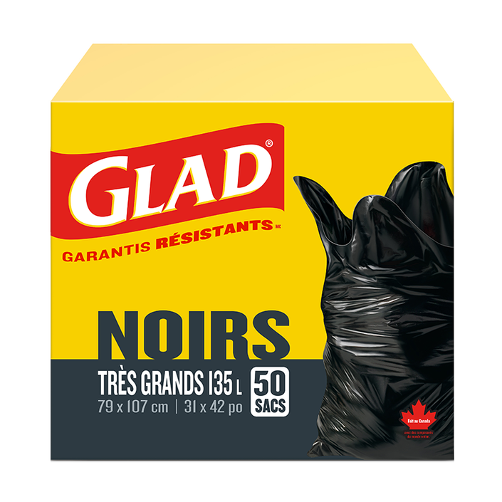 Très grands sacs à ordures noirs de Glad, boîte de 50 sacs à ordures de 135 L