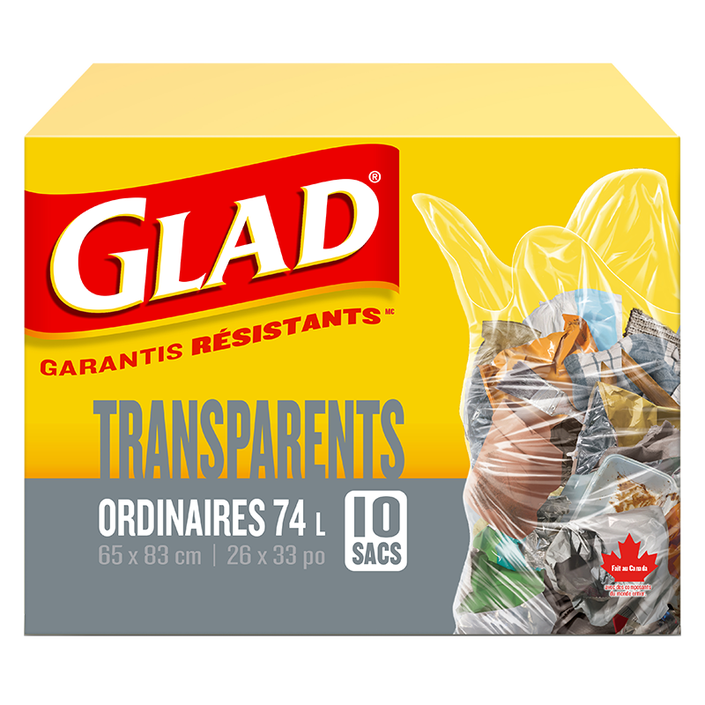 Sacs à ordures transparents ordinaires de Glad, boîte de 10 sacs à ordures de 74 L