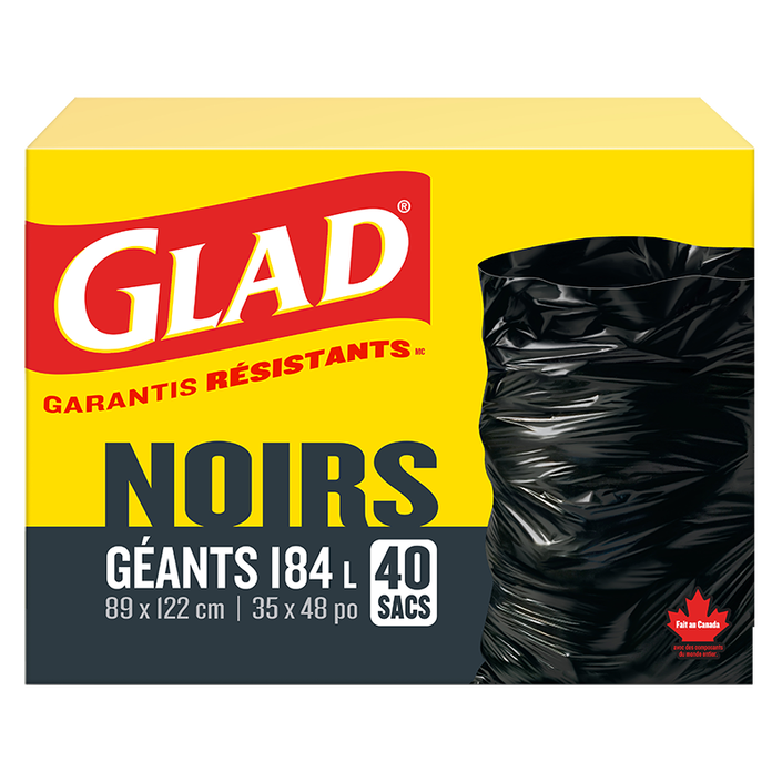 Sacs à ordures noirs géants de Glad, boîte de 40 sacs à ordures de 184 L