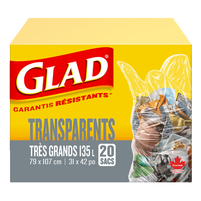 Très grands sacs à ordures transparents de Glad, boîte de 20 sacs à ordures de 135 L