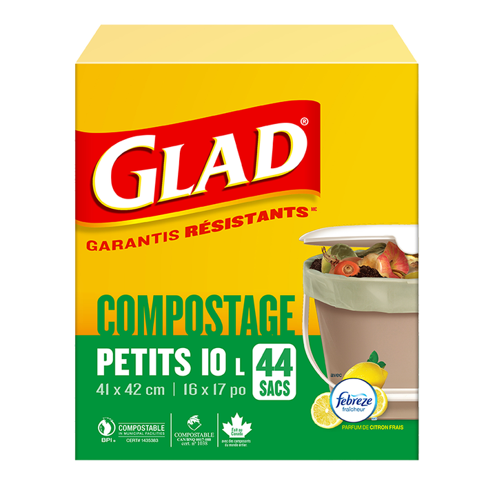 Petits sacs 100 % compostables de Glad au parfum de citron frais, boîte de 44 petits sacs de 10 L