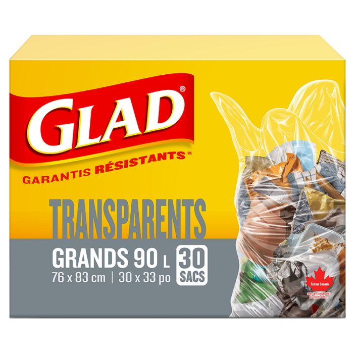 Grands sacs à ordures transparents de Glad, boîte de 30 sacs à ordures de 90 L