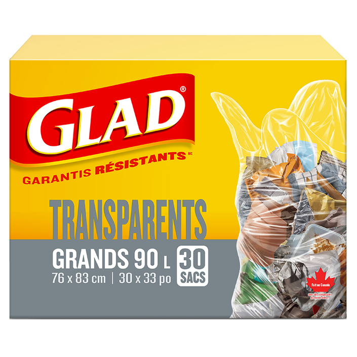 Grands sacs à ordures transparents de Glad, boîte de 30 sacs à ordures de 90 L