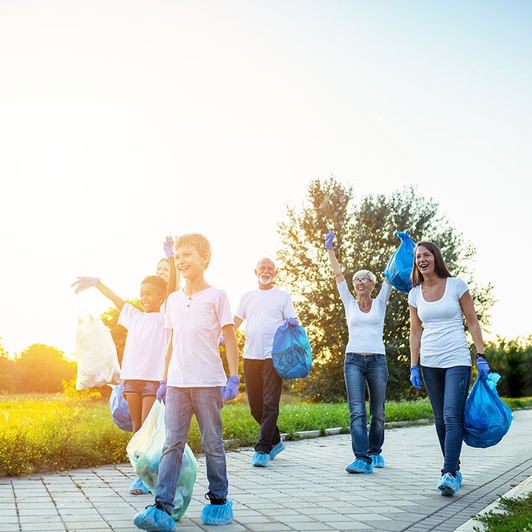 kids and adults recycling