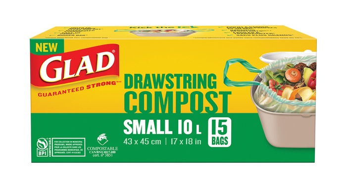Glad® 100% Compostable Drawstring Bags – Small 10 Litres – Drawstring, 15 Compost Trash Bags – Unscented