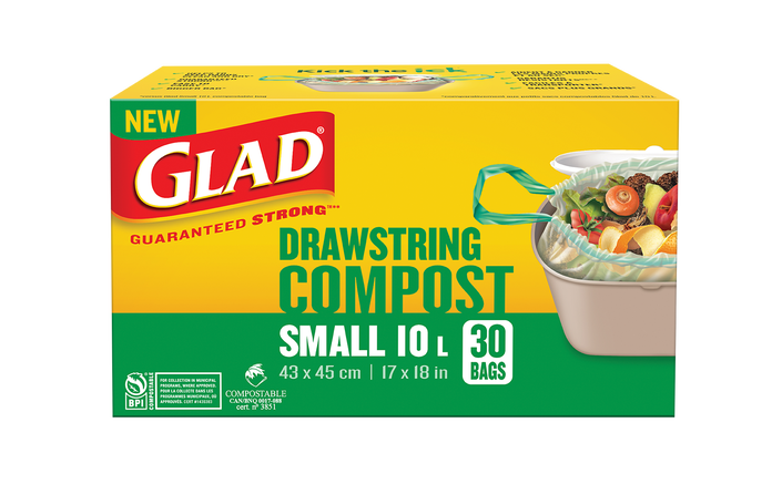 Glad® 100% Compostable Drawstring Bags – Small 10 Litres – Drawstring, 30 Compost Trash Bags – Unscented