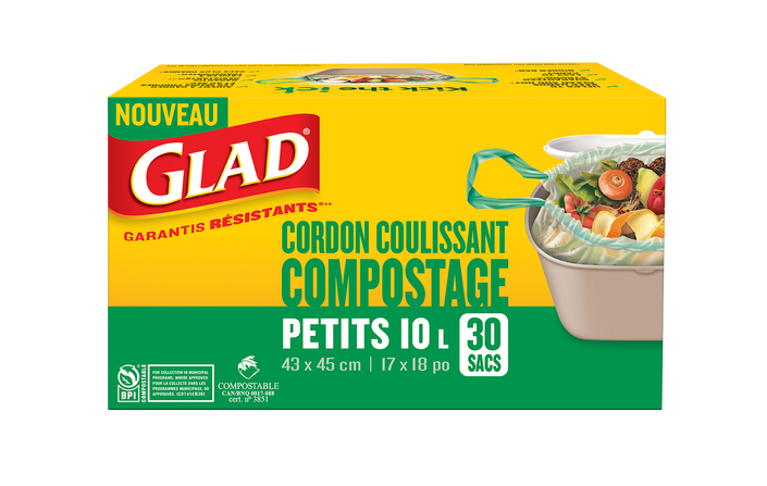 Sacs Glad® 100% compostables à cordon coulissant – petits sacs de 10 L – 30 sacs de compostage à cordon coulissant – non parfumés