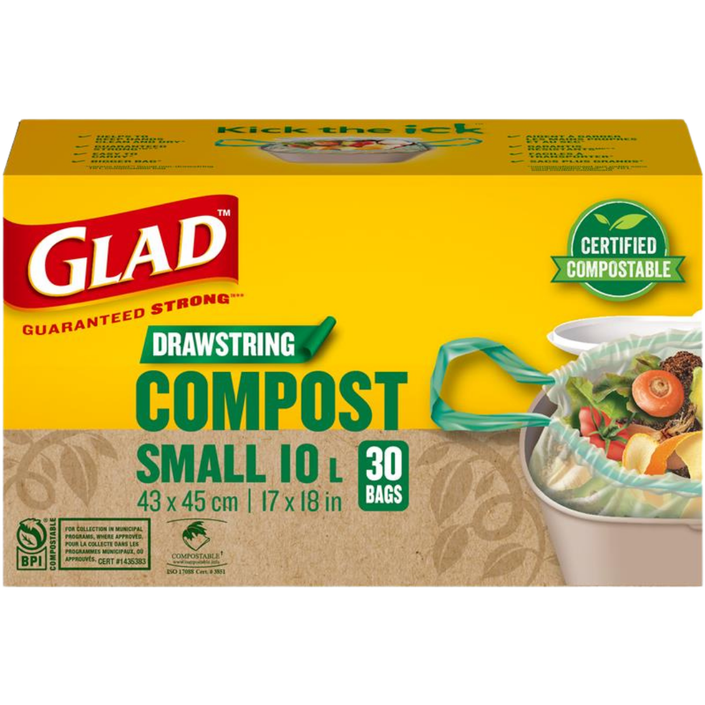 Glad® Certified Compostable Drawstring Bags, Small 10 Litres, Drawstring, 30 Compost Trash Bags, Unscented