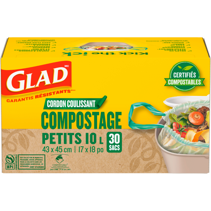 Petits sacs certifiés compostables à cordon coulissant de Glad®, boîte de 30 petits sacs non parfumés de 10 L