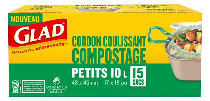 Sacs Glad® 100% compostables à cordon coulissant – petits sacs de 10 L – 15 sacs de compostage à cordon coulissant – non parfumés