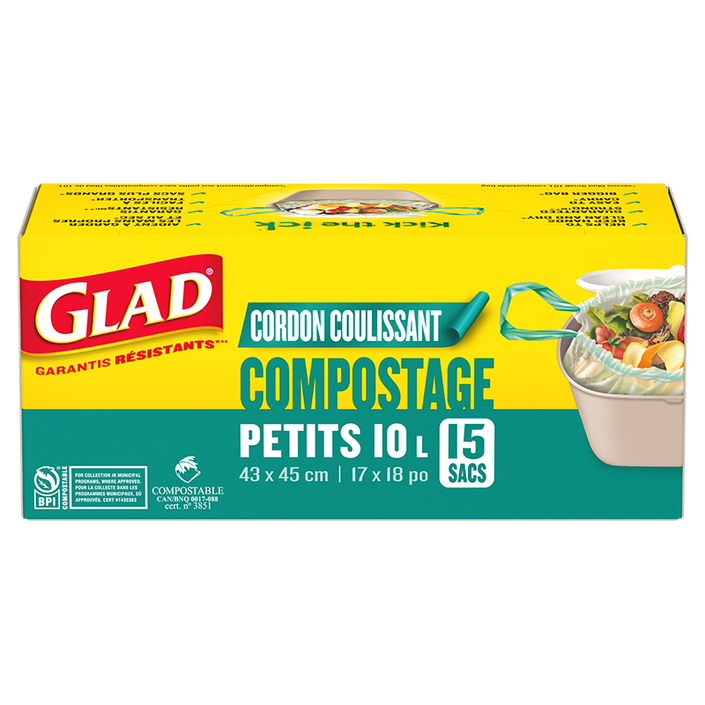 Sacs Glad® 100% compostables à cordon coulissant – petits sacs de 10 L – 15 sacs de compostage à cordon coulissant – non parfumés