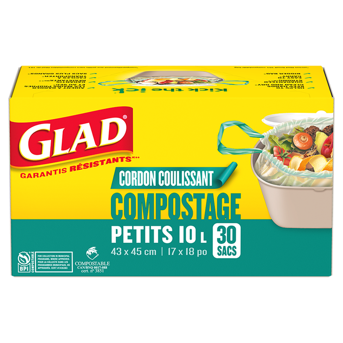 Petits sacs certifiés compostables à cordon coulissant de Glad®, boîte de 30 petits sacs non parfumés de 10 L
