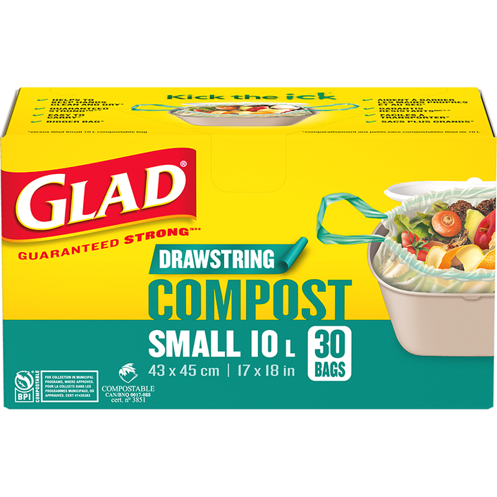 Glad® 100% Compostable Drawstring Bags – Small 10 Litres – Drawstring, 30 Compost Trash Bags – Unscented