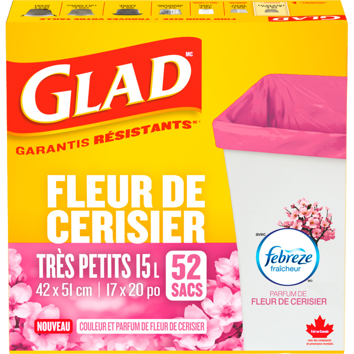Très petits sacs à ordures Glad® de couleur rose et au parfum de fleur de cerisier, boite de 52 sacs de 15 L avec senteur fraîche et propre de Febreze fraîcheur