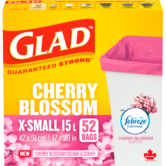 Glad® Cherry Blossom Colour and Scented Garbage Bags, X-Small 15 Litres, Febreze Fresh Clean Scent, 52 Trash Bags