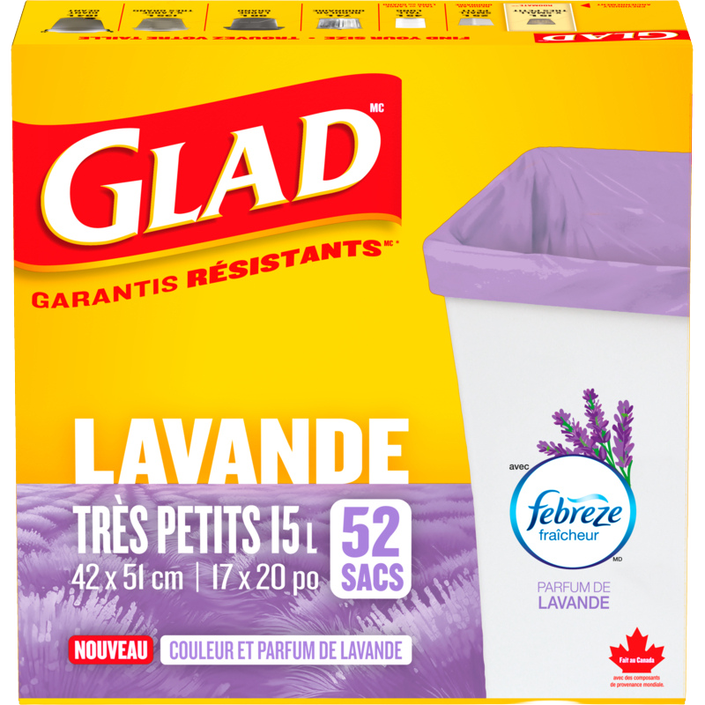 Très petits sacs à ordures Glad® de couleur mauve et au parfum de lavande, boite de 52 sacs de 15 L avec senteur fraîche et propre de Febreze fraîcheur