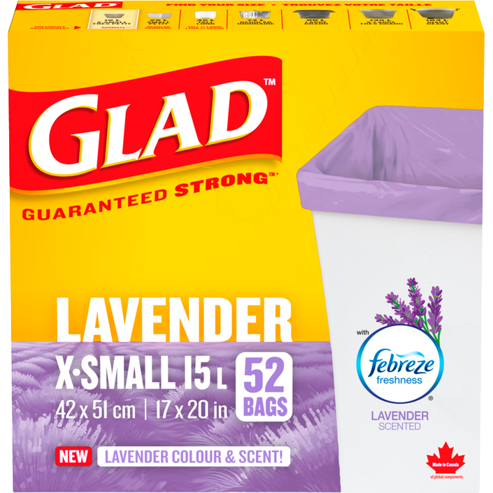 Glad® Lavender Colour and Scent Garbage Bags, X-Small 15 Litres, Febreze Fresh Clean Scent, 52 Trash Bags