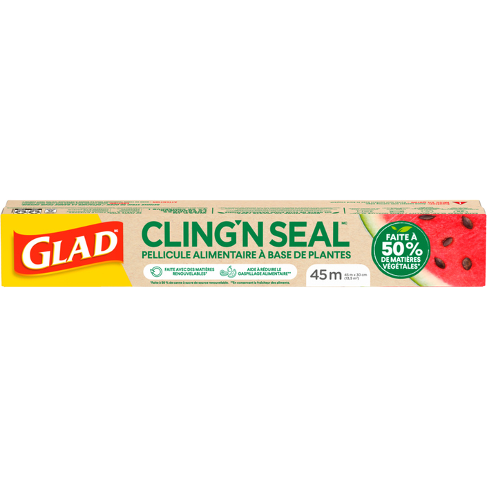 Pellicule alimentaire Cling’n Seal de Glad® faite à 50 % de matières végétales, rouleau de 45 mètres
