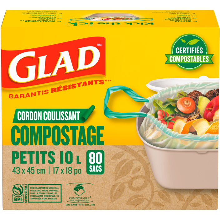 Petits sacs certifiés compostables à cordon coulissant de Glad®, boîte de 80 sacs non parfumés de 10 L à cordon coulissant
