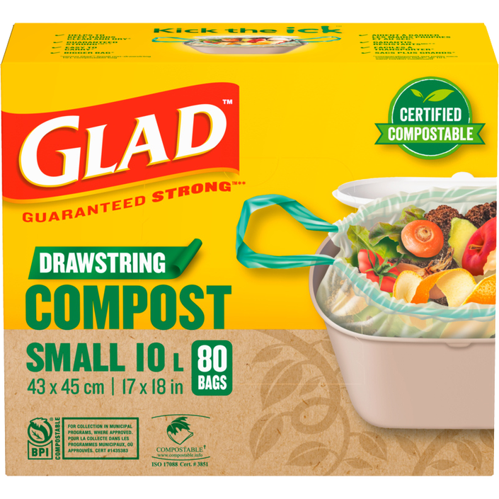 Glad® Certified Compostable Drawstring Bags, Small 10 Litres, Drawstring, 80 Compost Trash Bags, Unscented